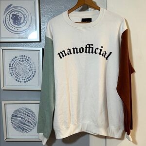 Boohoo Mens White and Brown Colorblock “Manofficial” Sweatshirt Size XL